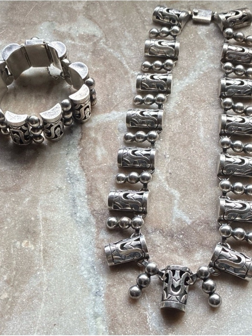 Vintage Margarita Plateria Taxco 980 Silver Necklace and Bracelet Set